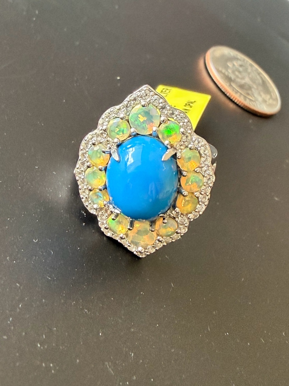 Genuine Ceruleite and Ethiopian Opal Ring 925 Sterling Silver Size 6